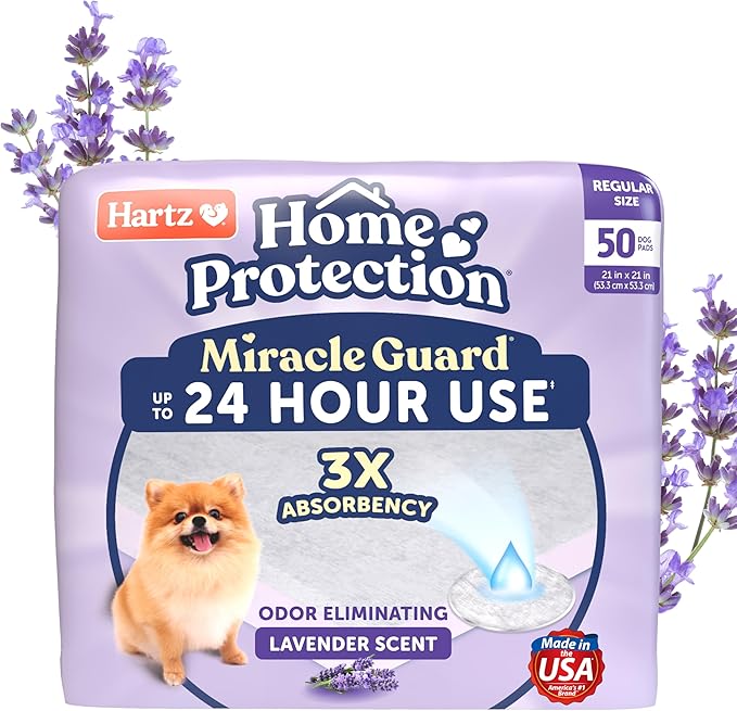 Hartz Miracle Guard Dog and Puppy Dog Pads Max Absorbency 24 Hour Use Odor Eliminating Lavender Scented No Leaks, Regular Size 50 Count