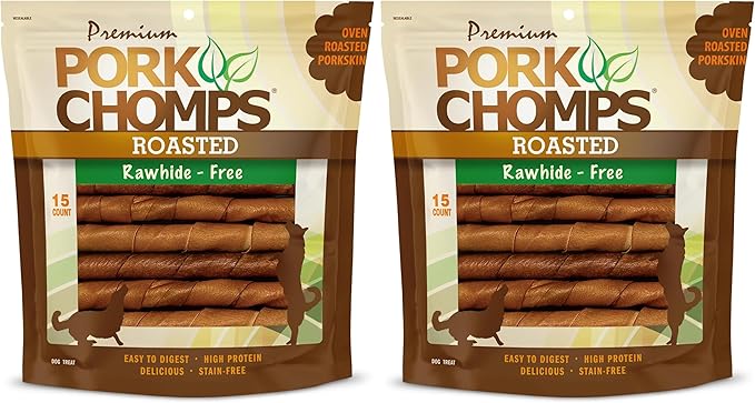 Pork Chomps Dog Chews, Roasted Pork Skin, 6-inch Twists | 15 Count | Pack of 2