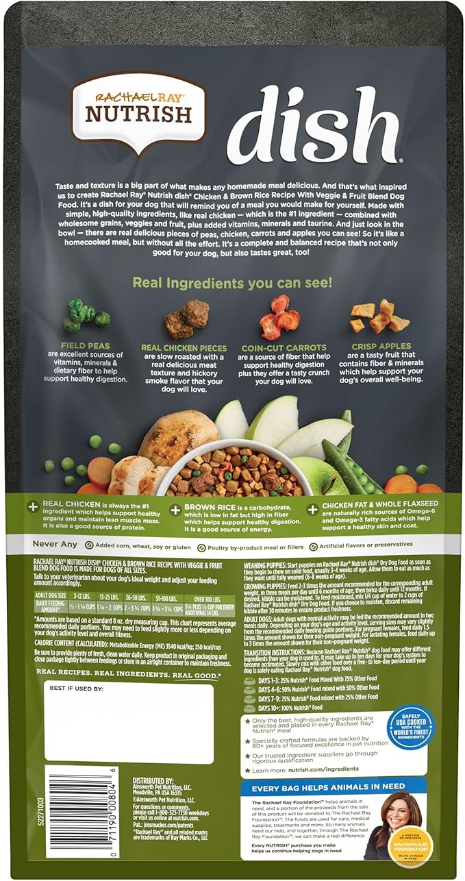 Nutrish Dish Premium Natural Dry Dog Food, Chicken & Brown Rice Recipe with Veggies & Fruit (Rachael Ray), 3.75 Pound Bag (Pack of 2)