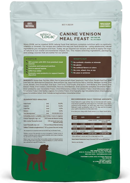 Nature's Logic Dry Dog Food - 100% Natural - No Synthetics - For All Ages, Sizes, Breeds - Free From Common Allergens, High Protein - Venison Meal Feast, 4.4lbs