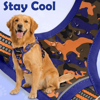 Funfox Dog Harness No Pull, Adjustable Pet Vest Harness, Super Soft Material with Vertical Handle Easy Control, Reflective Night Walking, 2 Leash Clips for Small Sized Dogs, Camo Orange, S