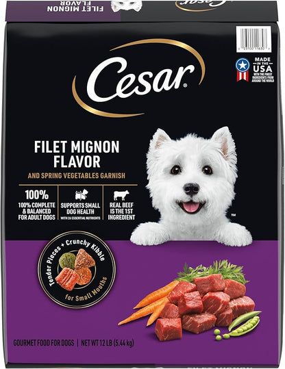 Cesar Small Breed Dry Dog Food for Small Dogs, Filet Mignon Flavor and Spring Vegetables Garnish, 12 lb Bag