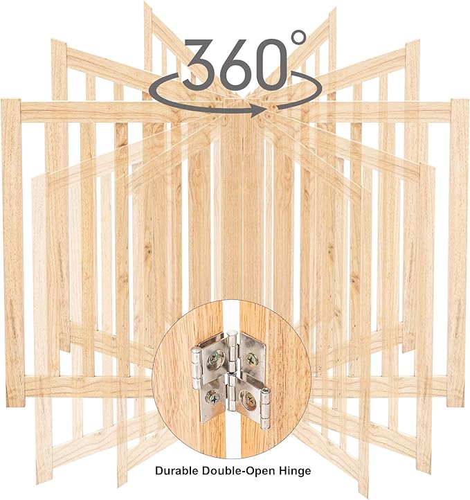 LZRS 6-Panel Extra-Wide Freestanding Wooden Dog Gate Indoor – 24”High Foldable Safety Pet Barrier for Doorways, Hallways, Kitchens, Durable Design fit Small to Medium Dogs, Natural
