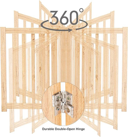 LZRS 6-Panel Extra-Wide Freestanding Wooden Dog Gate Indoor – 24”High Foldable Safety Pet Barrier for Doorways, Hallways, Kitchens, Durable Design fit Small to Medium Dogs, Natural