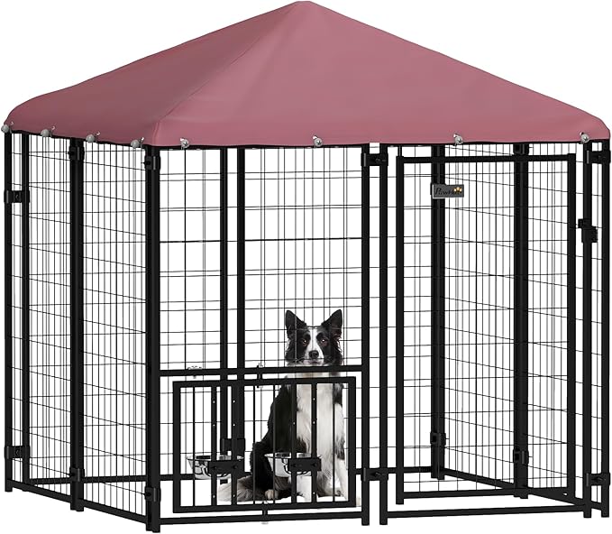 PawHut 4.6' x 4.6' x 5' Outdoor Dog Kennel, Welded Wire Dog Kennel Outside Run with 360° Rotating & 4 Level Adjustable Bowls, Waterproof & UV Resistant Cover, for S&M Breeds, Chickens, Ducks, Red