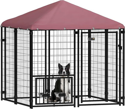 PawHut 4.6' x 4.6' x 5' Outdoor Dog Kennel, Welded Wire Dog Kennel Outside Run with 360° Rotating & 4 Level Adjustable Bowls, Waterproof & UV Resistant Cover, for S&M Breeds, Chickens, Ducks, Red