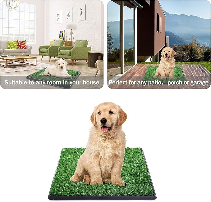Dog Grass Pad with Tray, 25" x 20" Indoor Artificial Grass Pee Pad for Puppy Potty Training, Portable Dog Toilet Pet Loo, 3-Layer System