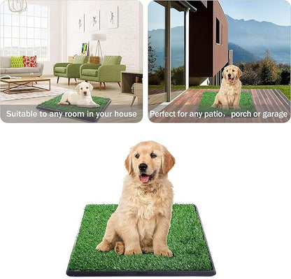 Dog Grass Pad with Tray, 25" x 20" Indoor Artificial Grass Pee Pad for Puppy Potty Training, Portable Dog Toilet Pet Loo, 3-Layer System