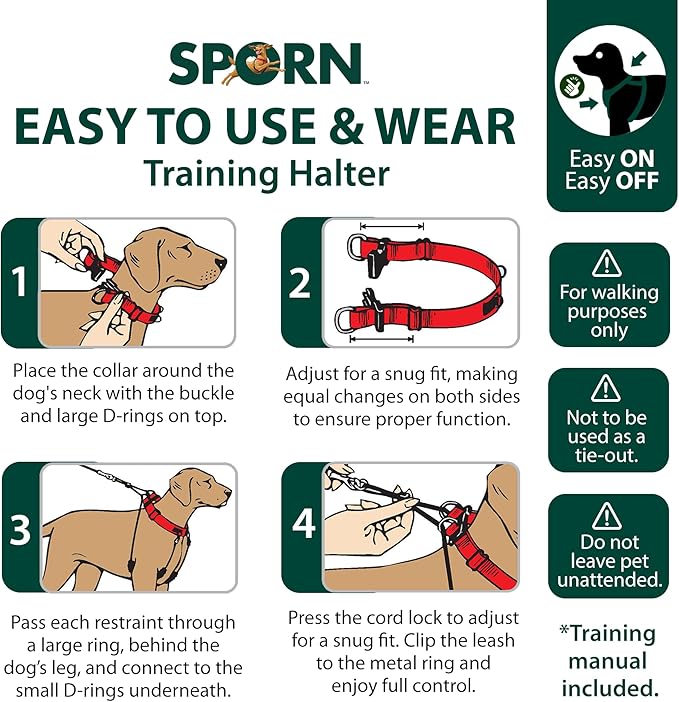 Sporn Original Dog Halter, No Pull Dog Harness, Durable Nylon Collar with Padded Restraint Sleeves for Small Breeds, No Choke Design, Adjustable Fit, Easy On/Off, Blue, Small