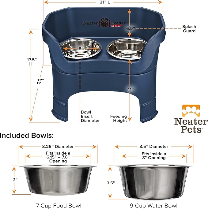 Neater Feeder Deluxe Mess-Proof Elevated Dog Bowls for Large Dogs (40+ lbs), 2 Height Adjustable (14.5” & 17.5”) No-Spill Raised Dog Bowl Stand, Stainless Steel Food Bowl Set, Made in USA, Dark Blue