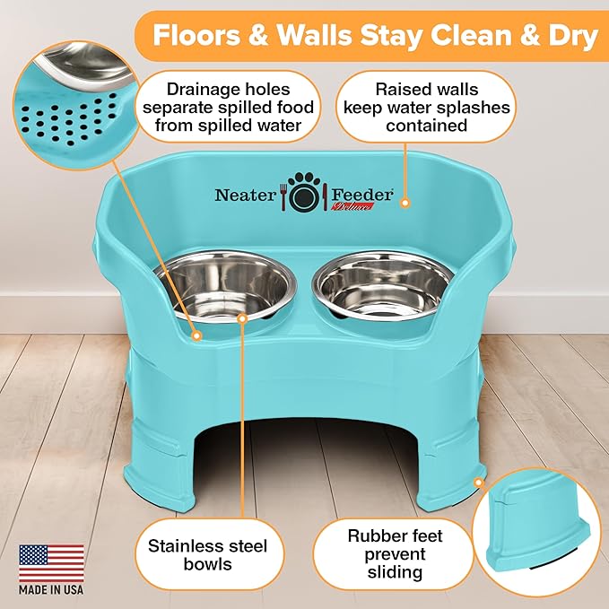 Neater Feeder Deluxe Mess-Proof Elevated Dog Bowls for Medium Dogs (19–40 lbs), 2 Height Adjustable (10” & 12.5”) No-Spill Raised Dog Bowl Stand, Stainless Steel Food Bowl Set, Made in USA, Aquamarine