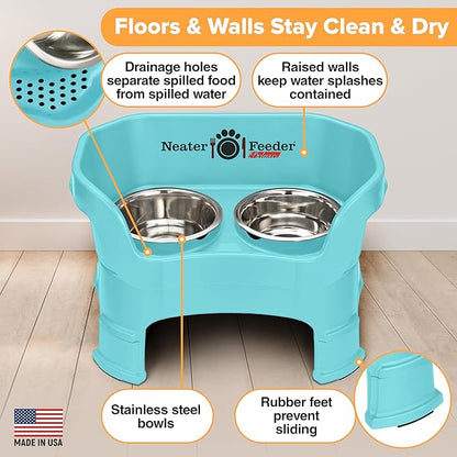 Neater Feeder Deluxe Mess-Proof Elevated Dog Bowls for Medium Dogs (19–40 lbs), 2 Height Adjustable (10” & 12.5”) No-Spill Raised Dog Bowl Stand, Stainless Steel Food Bowl Set, Made in USA, Aquamarine