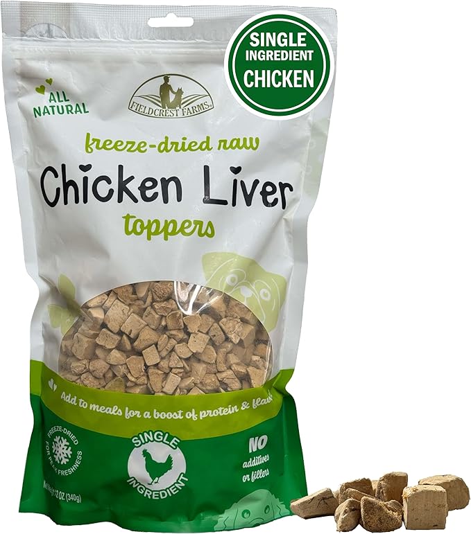 Fieldcrest Farms Freeze-Dried Chicken Liver Dog Food Topper or Treat, 100% Single Ingredient Chicken Liver, High-Protein, Raw & Grain-Free, 12 oz