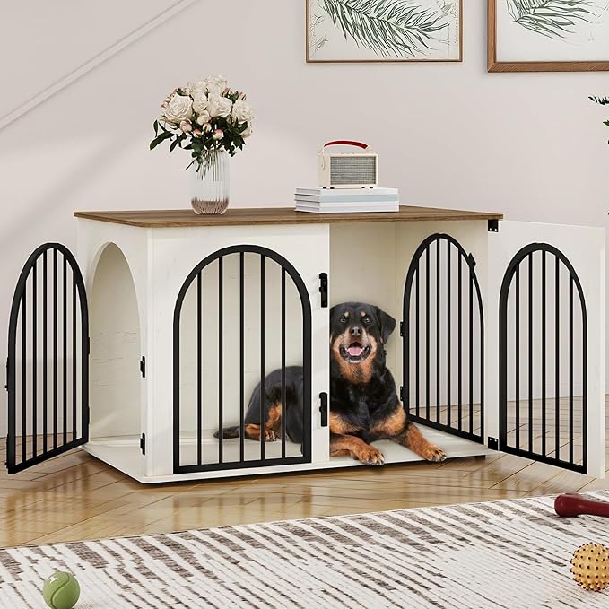 39.4" Wooden Dog Crate Furniture, Indoor Dog Kennel Dogs Cage for Small/Medium/Large Dogs, Heavy Duty Dog Crates Decorative Pet House End Side Table TV Stand, White Brown DFC84114B