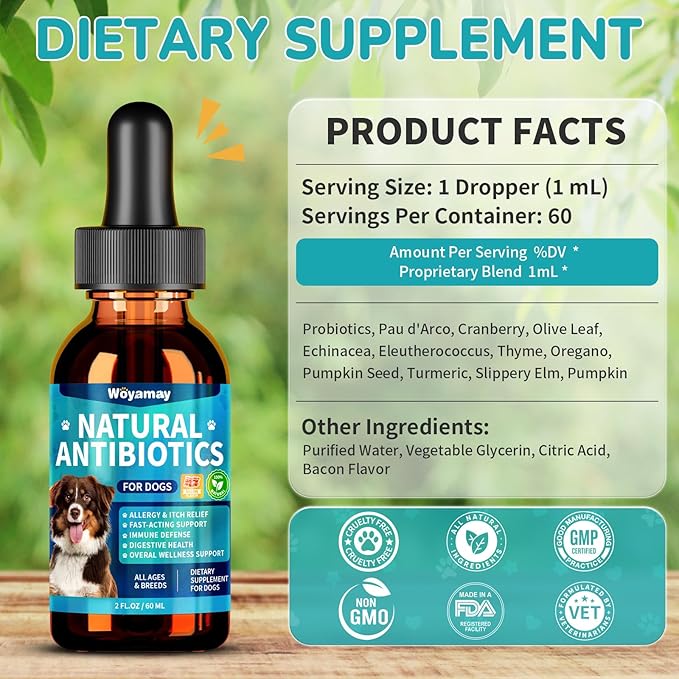 Woyamay Antibiotics for Dogs | Natural Dog Antibiotics for Allergy Relief, Itch Relief, Coughs, Skin Health, Breath Treatment, Digestion | Herbal Supplement to Care for Ears, Eyes & Coat, 4 Fl Oz