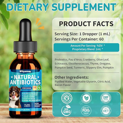 Woyamay Antibiotics for Dogs | Natural Dog Antibiotics for Allergy Relief, Itch Relief, Coughs, Skin Health, Breath Treatment, Digestion | Herbal Supplement to Care for Ears, Eyes & Coat, 4 Fl Oz