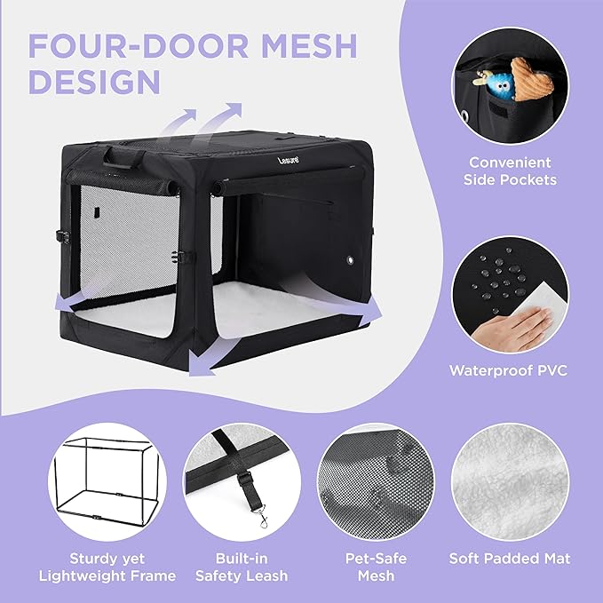 Lesure Collapsible Dog Crate - Portable Travel Kennel for Extra Large Dog, 4-Door Pet Crate with Mesh Windows, Indoor & Outdoor, Black