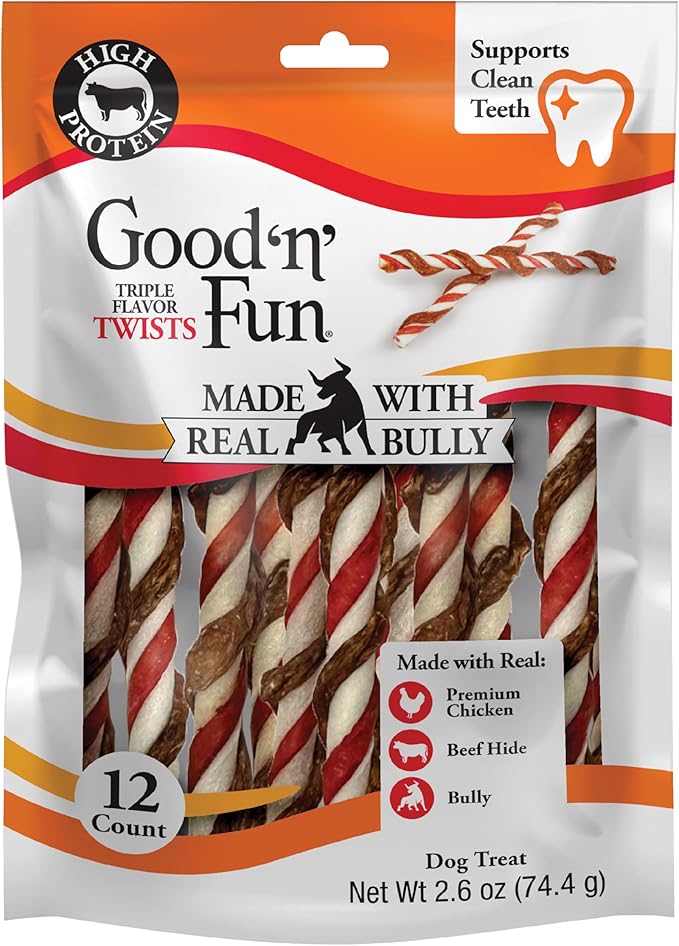 GOOD 'N' FUN Triple Flavor Twists with Bully Chews, 12 Count, High-Protein Dog Treat for All Adult Dogs, Made with Real Chicken, Beef Hide, Pork Hide, Bully & Beef Liver Flavor