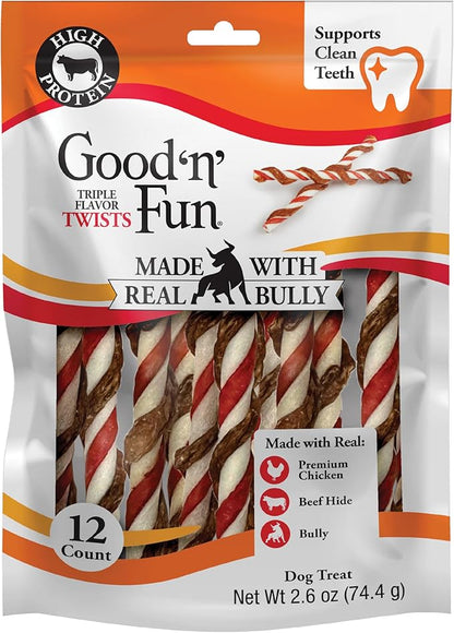 GOOD 'N' FUN Triple Flavor Twists with Bully Chews, 12 Count, High-Protein Dog Treat for All Adult Dogs, Made with Real Chicken, Beef Hide, Pork Hide, Bully & Beef Liver Flavor