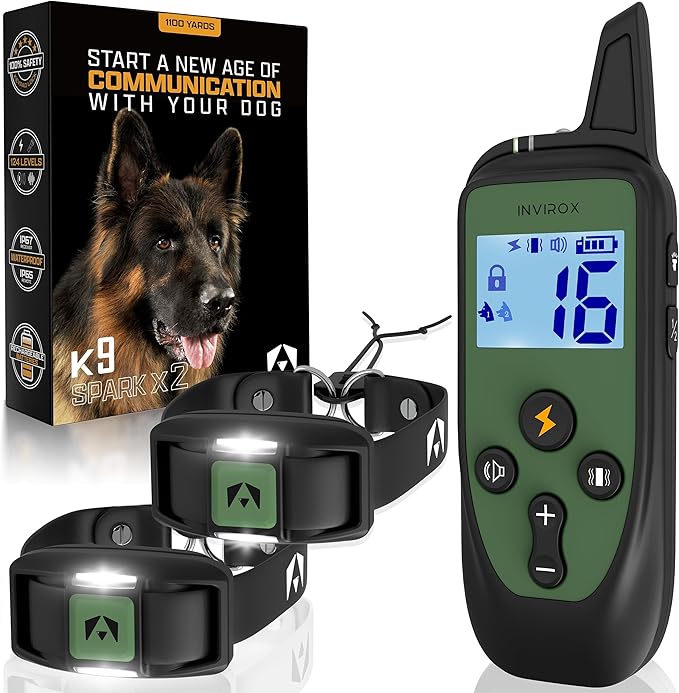 INVIROX Training Collar for Large Dog [Spark K9] 124 Levels Dog Training Collar with Remote 1100yd Range, Night-Light Mode Dog E Collar for Medium Dogs IP67 Waterproof (Spark k9 x2 new)