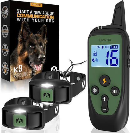 INVIROX Training Collar for Large Dog [Spark K9] 124 Levels Dog Training Collar with Remote 1100yd Range, Night-Light Mode Dog E Collar for Medium Dogs IP67 Waterproof (Spark k9 x2 new)