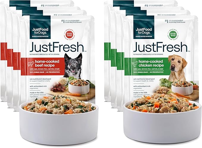 JustFoodForDogs JustFresh Wet Dog Food, Fresh Pet Meals and Toppers with No Preservatives, Resealable Package, Human Grade, Home-Cooked Beef & Chicken, 12 oz - 8 Pack