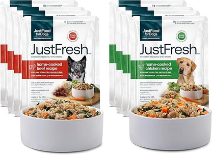 JustFoodForDogs JustFresh Wet Dog Food, Fresh Pet Meals and Toppers with No Preservatives, Resealable Package, Human Grade, Home-Cooked Beef & Chicken, 12 oz - 8 Pack
