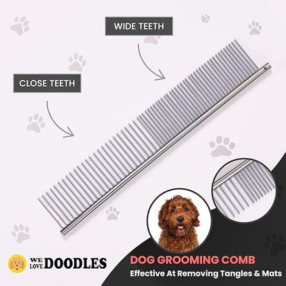 Dog Grooming Scissors Kit - Best Tools for Goldendoodles & Poodles- Straight, Curved & Thinning Shears - Golden Doodle Grooming Professional Grade Stainless Steel, 4 Pc Set (Long Silver)