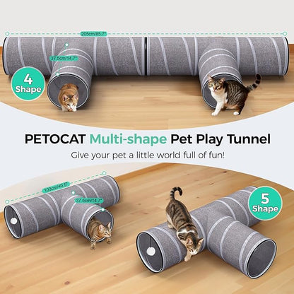 PETOCAT Cat Tunnel 4 Way with Teaser Wand & 2 Plush Ball, 5 Shapes Available, 54/80.7" L, H-Shaped Collapsible Pet Play Tube Maze for Kitten Puppy Bunny Ferret Rabbit, Indoor/Outdoor Peekaboo Cave