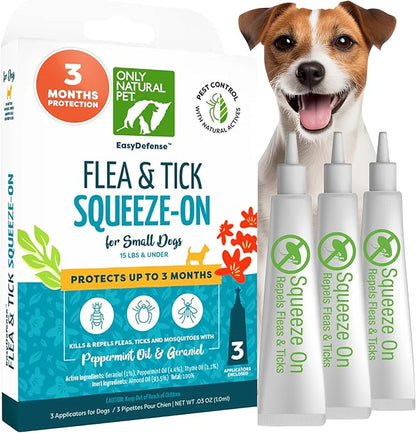 Only Natural Pet EasyDefense Flea & Tick Prevention for Small Breed Dogs (up to 15 lbs) - Natural Herbal Control, Squeeze-On Drops - Protects up to 3 Months (S Sqz.)