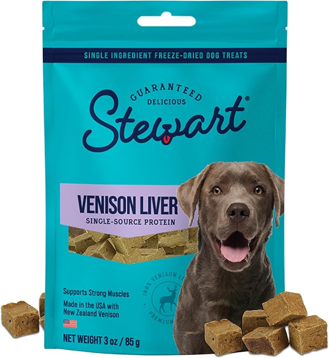 Stewart 100% Venison Liver Dog Treats, 3 oz Pouch, ~50 Pieces, Freeze Dried Raw, Single Ingredient, 60% Protein Training Treats or Meal Topper, Grain Free, Gluten Free