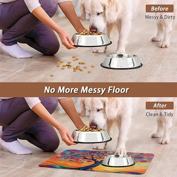 Abstract Tree Flowers Dog Food Mat for Floors,Color Absorbent Pet Food and Water Bowl Mats,Non-Slip Pet Feeding Mat,Pet Supplies 12" x 20"