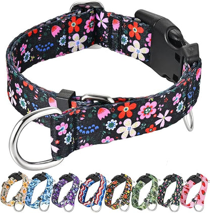 Martingale Dog Collar with Buckle Adjustable Nylon Limited Slip Training Floral Dog Collars (Black Pink Red, Large)