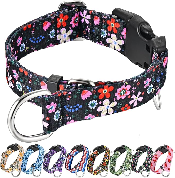 Martingale Dog Collar with Buckle Adjustable Nylon Limited Slip No Pull Training Floral Dog Collars (Black Pink Red, Medium)