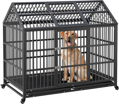Heavy Duty Dog Crate, 52 Inches Large Metal Dog Kennel with Roof Top, 2 Door Pet Cage with Removable Tray and Wheels for High Anxiety Large Giant Breeds
