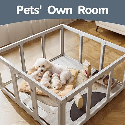 Jalove Clear Dog Playpen Indoor, 24" Acrylic Plastic Pet Play Pen with Door, Playpen for Puppy Cat Rabbit Ferret, Easy to Install Preferable Playpen for Small Dogs, Customizable, White 8 PCS