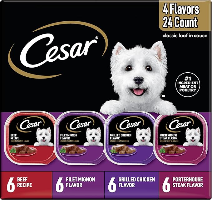 Cesar Wet Dog Food Classic Loaf in Sauce, Breakfast and Dinner with Grilled Steak & Eggs Flavor, and Chicken & Liver Flavor, 3.5 oz. Easy Peel Trays, Variety Pack, 24 Count