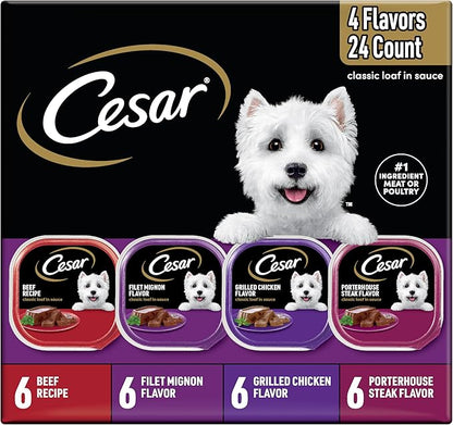 Cesar Wet Dog Food Classic Loaf in Sauce, Breakfast and Dinner with Grilled Steak & Eggs Flavor, and Chicken & Liver Flavor, 3.5 oz. Easy Peel Trays, Variety Pack, 24 Count