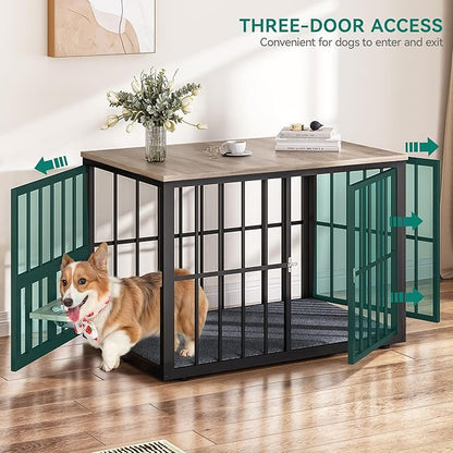 YITAHOME 88.6" Double Dog Crate Furniture, Wooden Dog Kennel with Bowls & 3 Doors, Large Double Crate Furniture TV Stand, Grey
