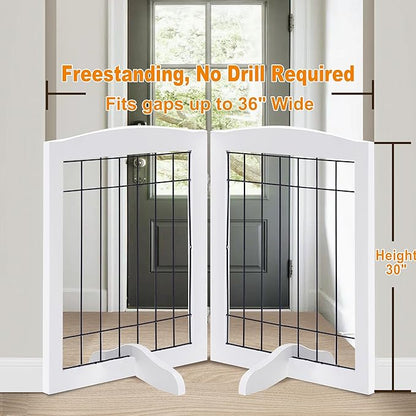 LZRS 2-Panel Freestanding Adjustable Wooden Dog Gate—30” Tall Foldable Pet Barrier with Support Feet, Solid Hardwood & Chew-Resistant Steel Wire for Doorways, Hallways, and Stairs, White