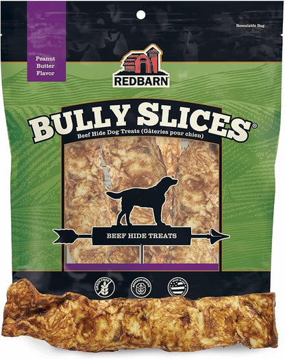 Redbarn Pet Products All-Natural Rawhide Bully Slices - Peanut Butter Flavor - Premium Grain-Free Beef Hide Treats High Protein Low Fat for Chewers - 9 oz Bag
