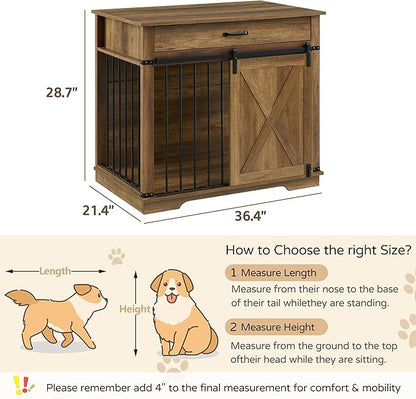 37.8" Furniture Style Dog Crates with Drawer, Farmhouse Wooden Dog Kennel Furniture with Sliding Barn Door & Water Resistant for Small/Medium/Large Dog, Rustic Oak