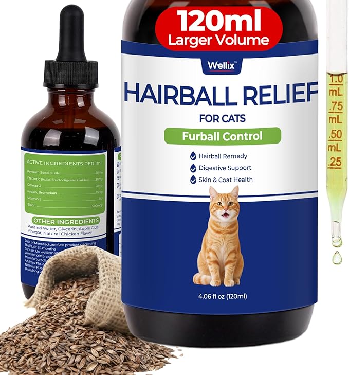 Wellix 120ml Cat Hairball Remedy Drops, Hairball Treatment & Relief for Cats, Natural Cat Furball Control Treats with Psyllium Husk, Omega 3, Support Skin & Coat, Digestive Health-Chicken Flavor