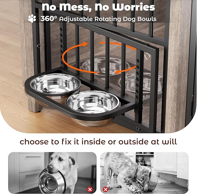 Lulive Dog Crate Furniture, Wooden Dog Kennel Indoor with Adjustable 360°& Height Dog Bowls, Double Doors Furniture Dog Crates End Table for Small/Medium 31.5" L*22.5" W*25.6" H, Grey