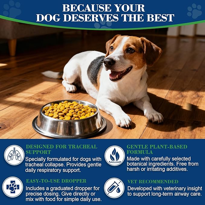 Dog Tracheal Collapse, Collapsed Trachea Treatment for Dogs, Herbal Liquid Drops Relief Cough & Helps Promote Easier Breathing, Natural Respiratory Support Airway Comfort, Bacon Flavor - 2 FL OZ