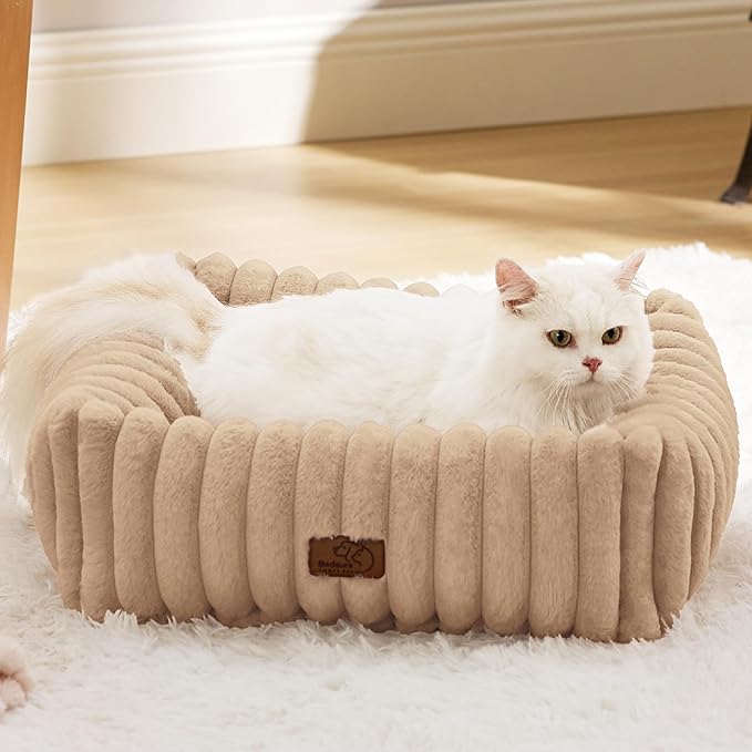 Bedsure ComfyFleece™ Cute Dog Bed for Small Dogs & Cats - Washable Furry Puppy Beds, Rectangle Orthopedic Corduroy Fleece Pet Beds with Removable Zipper Cover, 20x19x6inches, Sandy Beige