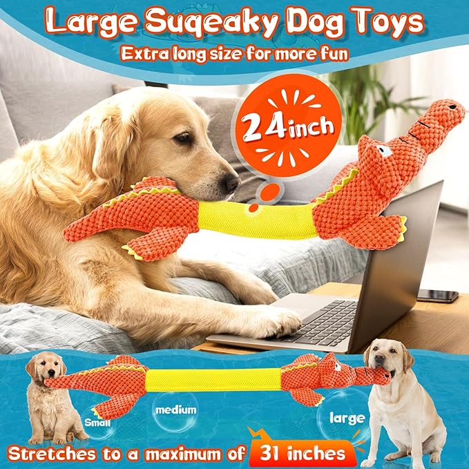 Interactive Tug of War Dog Toys for Small to Large Breeds - Squeaky Puppy Toys with Crinkle Paper, Stuffed Chew Toys to Keep Them Busy, Training Reward Gift for Dogs (Orange)