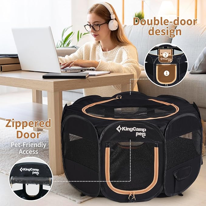 KingCamp Dog Playpen, Portable Foldable Cat Kitten Puppy Tent Crates 29"/36"/50" Pop Up Pet Playpen with Zippered Bottom & Cover for Indoor Outdoor Use (Medium, Black)