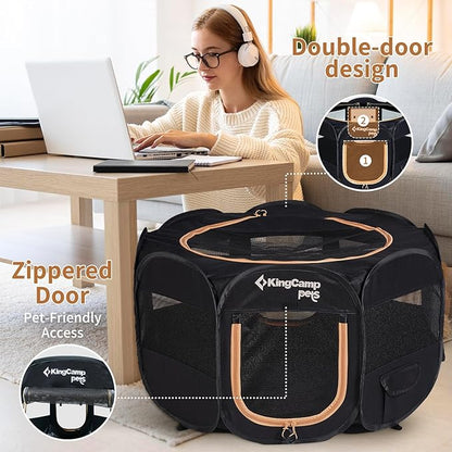 KingCamp Dog Playpen, Portable Foldable Cat Kitten Puppy Tent Crates 29"/36"/50" Pop Up Pet Playpen with Zippered Bottom & Cover for Indoor Outdoor Use (Medium, Black)