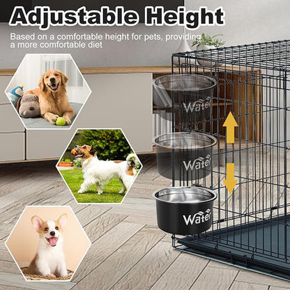Crate Water Bowl No Spill for Large Dogs, Removable Stainless Steel Dog Bowls for Food and Water, Dog Kennel Hanging Wet and Dry Food Feeder for Medium/Large Pets, (7.1"x3.7" & 7.1"*2.6", Black)